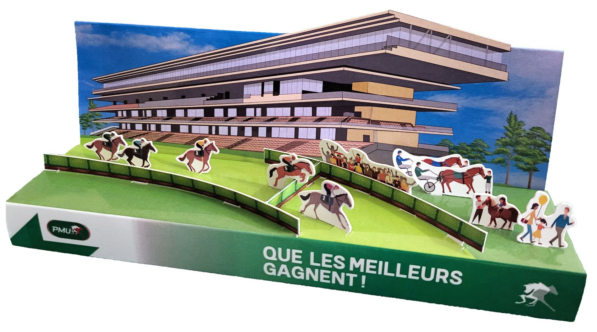 Maquette publicitaire paperama volume 3d en carton recyclable, sport, compétition, hippique. Prédécoupée et personnalisable