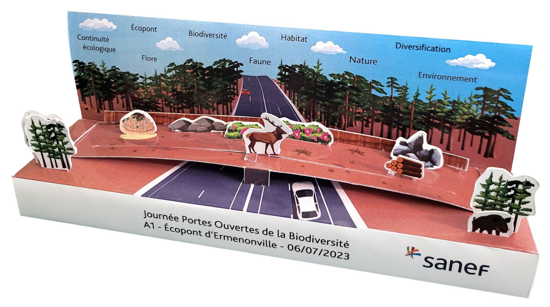 Maquette publicitaire paperama volume 3d en carton recyclable, autoroute, voiture, SANEF. Prédécoupée et personnalisable