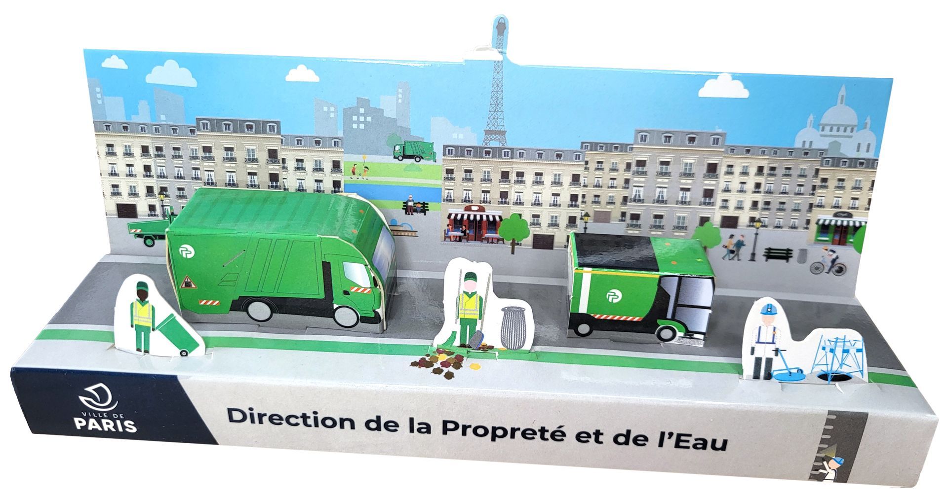 Maquette publicitaire paperama volume 3d en carton recyclable, direction propreté de Paris, Prédécoupée et personnalisable