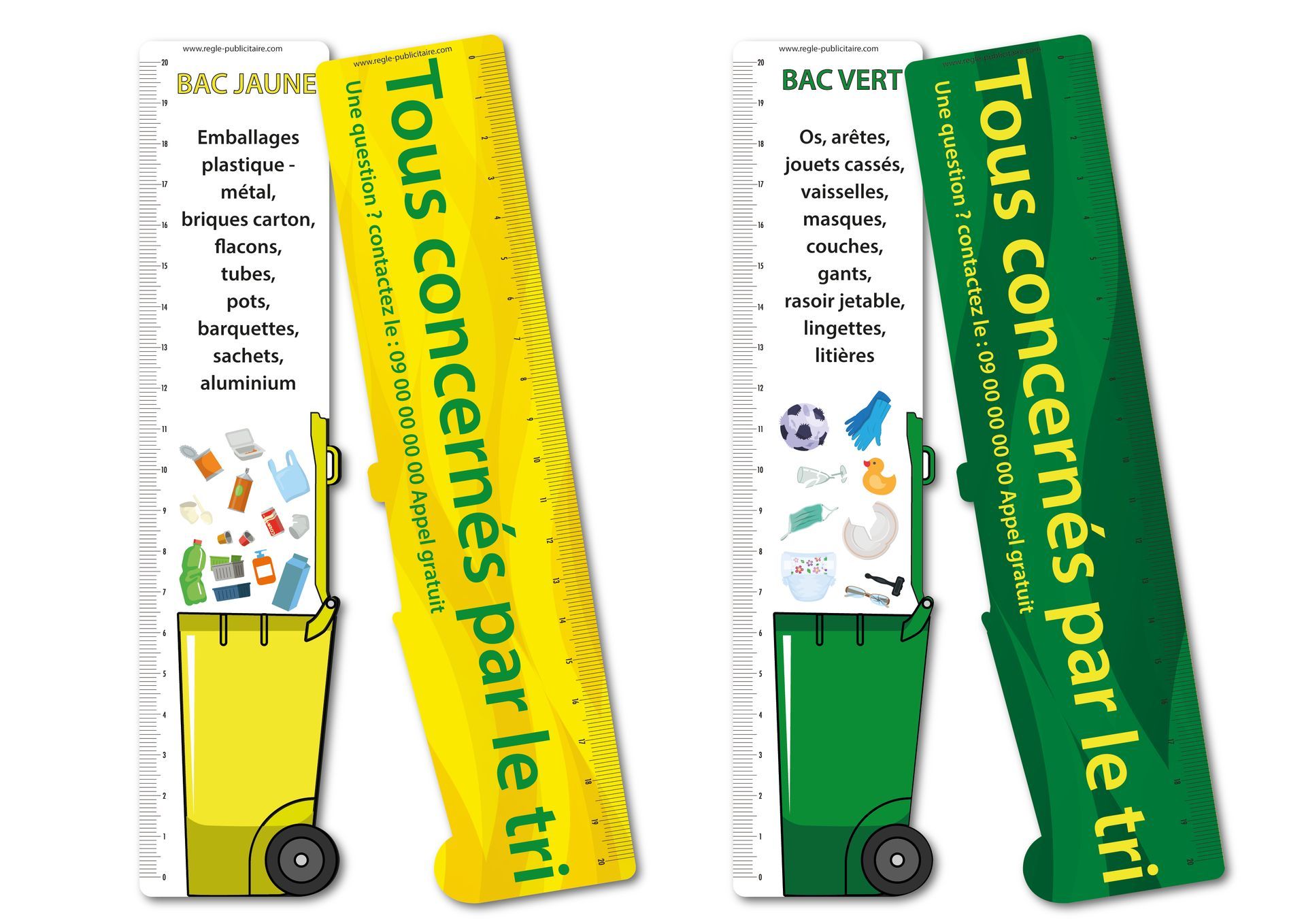 Règle personnalisé prévention tri - bac jaune et bac vert ! Personnalisable recto verso ! Sur-mesure !