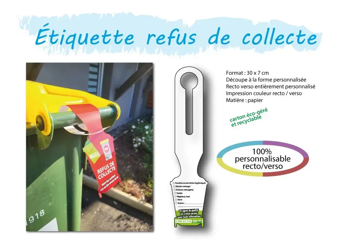 Étiquette personnalisable à accrocher sur poubelle, bus, camion ou bagage, idéale pour le refus de collecte, la logistique ou la sensibilisation au tri, en papier recyclable