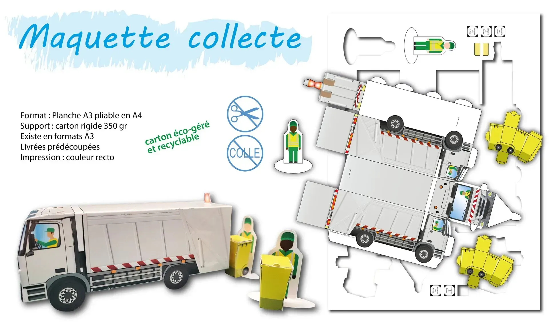 Planche prédécoupée d’une maquette en carton recyclable représentant un camion de collecte des déchets et des personnages, produit éducatif TPP