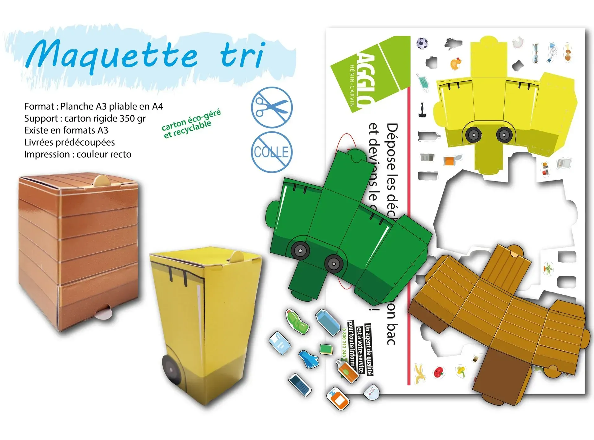 Maquette en carton recyclable de bacs de tri sélectif à monter, avec pictogrammes déchets, support pédagogique pour collectivités et entreprises