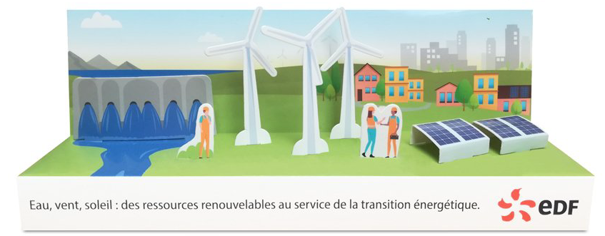 Maquette publicitaire paperama volume 3d en carton recyclable, éoliens, énergie, EDF. Prédécoupée et personnalisable