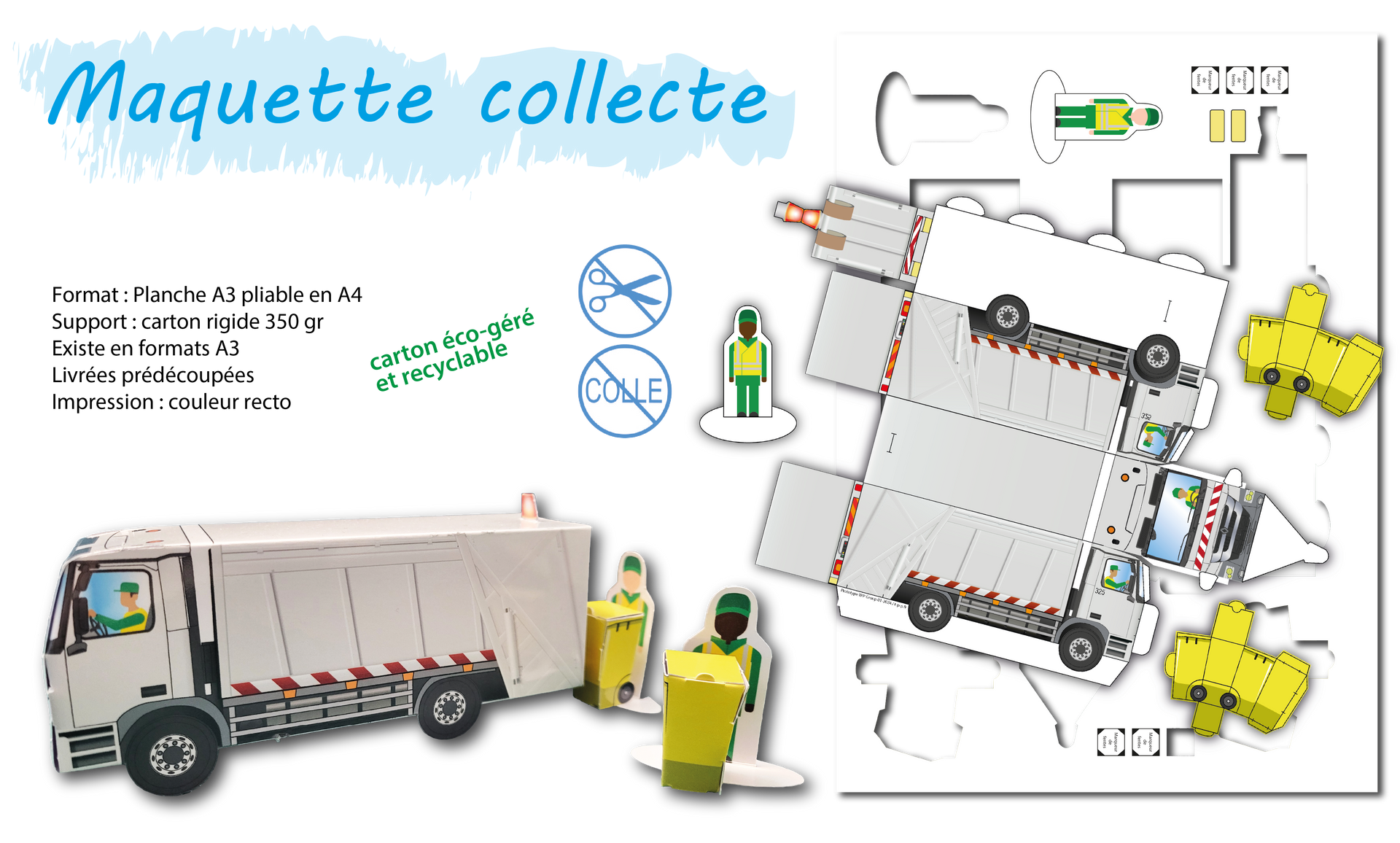 Maquette publicitaire prédécoupée camion collecte déchets, ordures, poubelles, sensibilisation au tri