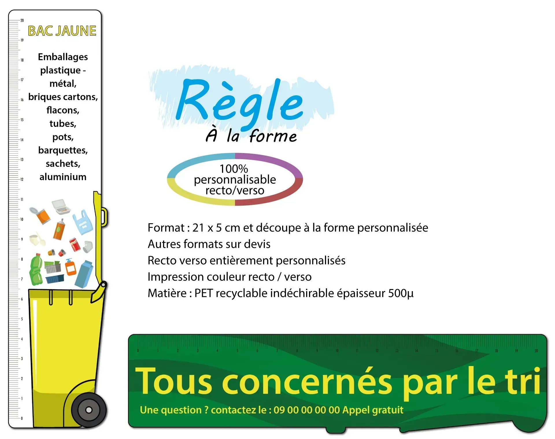 Règle personnalisable en PET recyclable pour sensibiliser au tri des déchets du bac jaune, support pédagogique TPP imprimé recto verso