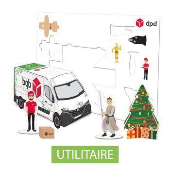 Maquette publicitaire d'un véhicule utilitaire sous forme de planche en carton prédécoupée. Personnalisable et recyclable