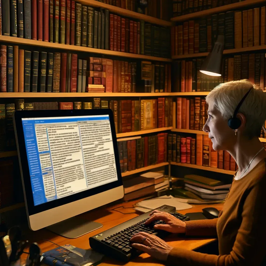 Translator working at a computer in a home office, surrounded by shelves filled with books