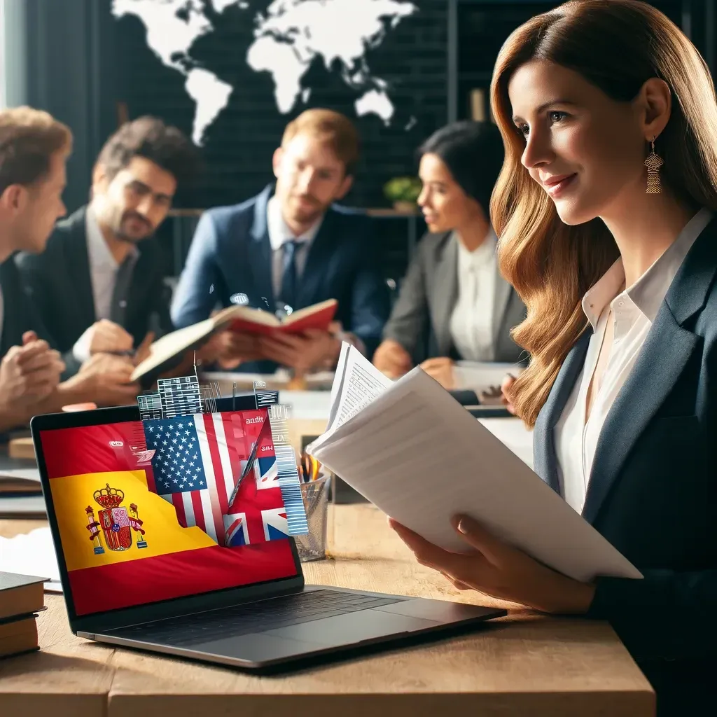 Professional office setting with a diverse group of people discussing translation services