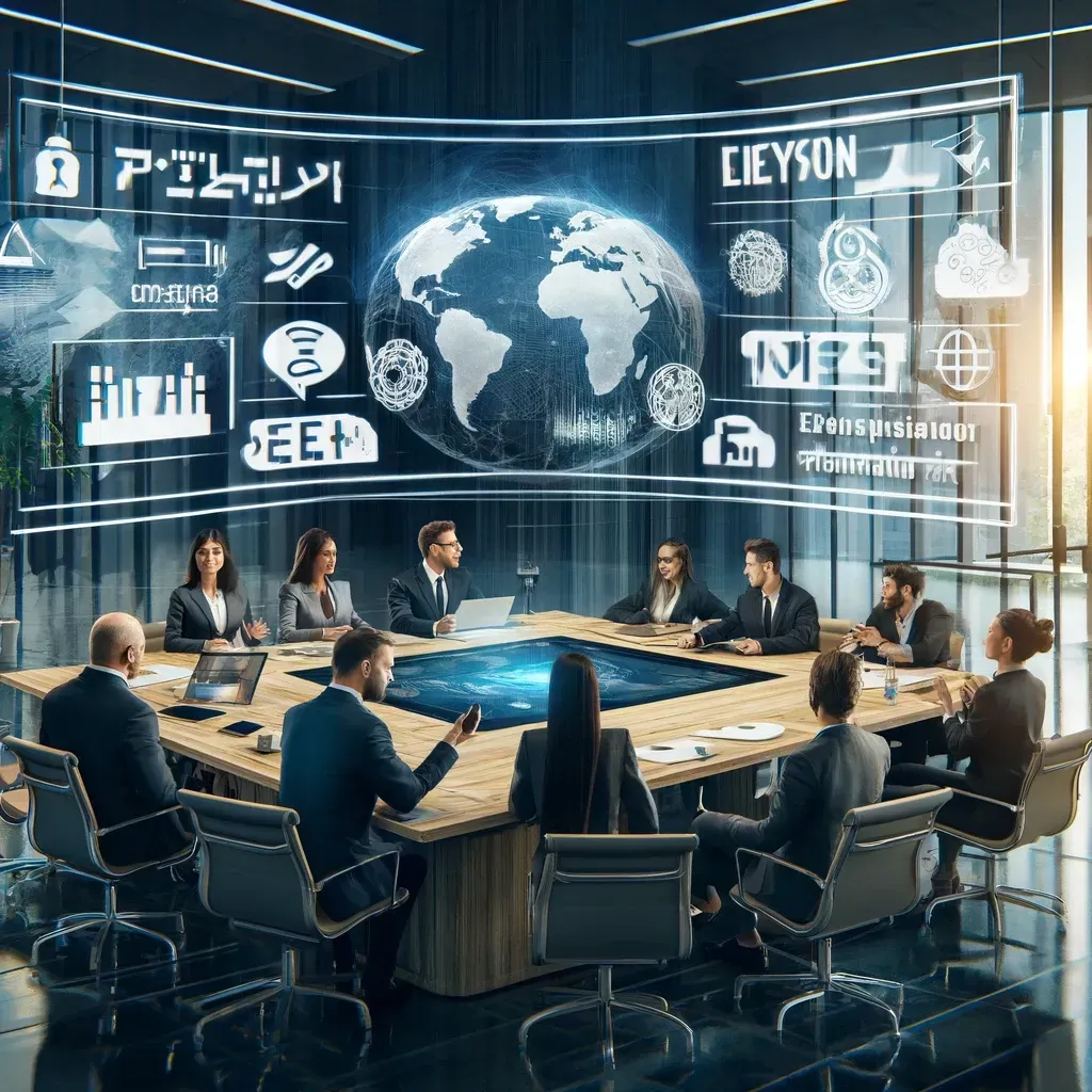 Business professionals in a modern meeting room discussing global expansion strategies