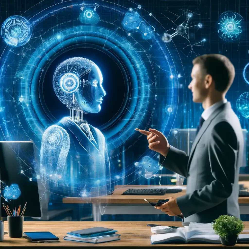 human translator interacting with a holographic or digital representation of AI technology