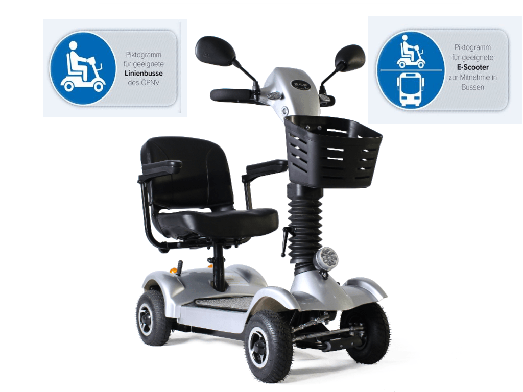4023 Elektro Mobil, max. Faltbar, Akku herausnehmbar. Geringes Gewicht. 31 Kg (ohne Sitz und Akku). Platzsparender Transport. Ohne Werkzeug zerlegbar. Reisemobil mit großer Reichweite. 4023 Max Bus, leichtes Seniorenmobil, zugelassen für den Transport im öffentlichen Personen-Nahverkehr, zusätzliche Feststellbremse, bequemer Sitz, für Bus und Bahn freigegeben, sicherer Stand am dafür vorgesehenen Platz.