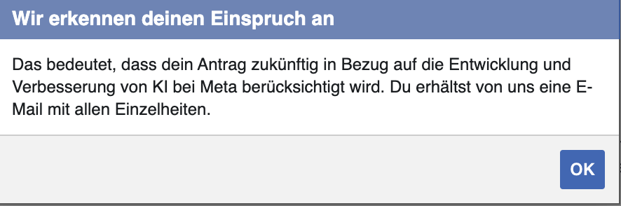 Screen zum Widerspruch Blogbeitrag Meta