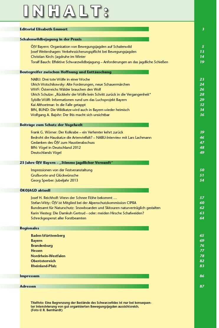 Inhaltsverzeichnis Ökojagd Ausgabe 1 - 2014