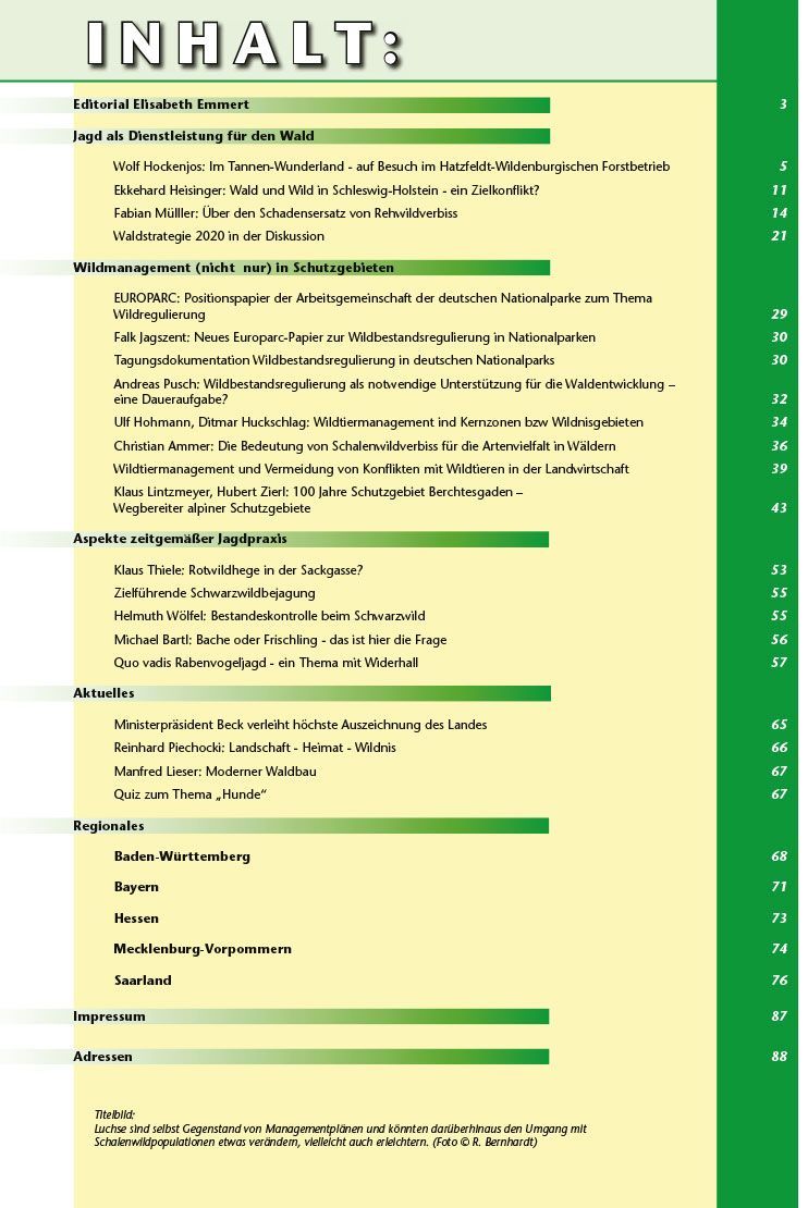 Inhaltsverzeichnis Ökojagd Ausgabe 1  - 2012