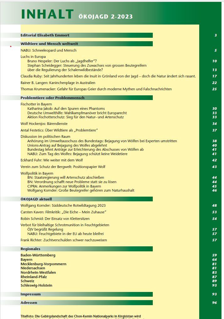 Inhaltsverzeichnis Ökojagd Ausgabe 2- 2023
