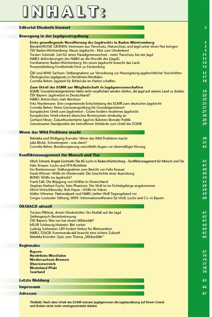 Inhaltsverzeichnis Ökojagd Ausgabe 3  - 2012