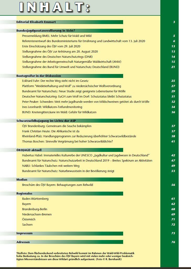 Inhaltsverzeichnis Ökojagd Ausgabe 3 - 2020