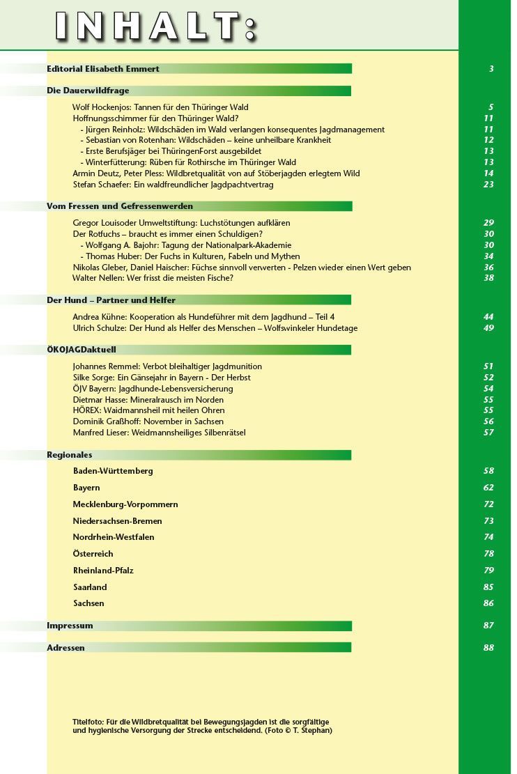 Inhaltsverzeichnis Ökojagd Ausgabe 4  - 2013