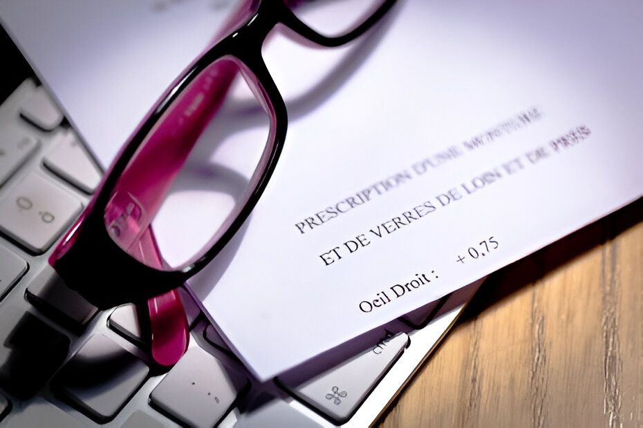 Illustration d'une prescription de lunettes, comprenant les valeurs de correction pour la myopie, l'hypermétropie, l'astigmatisme et la presbytie