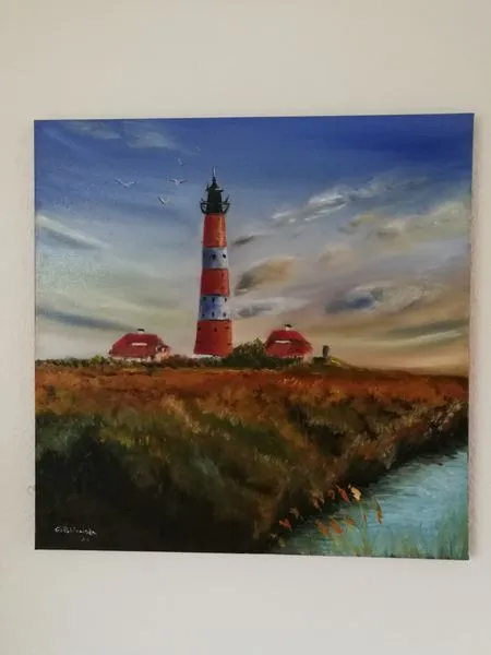 Leuchtturm Westerhever Schleswig Holsterin mit Öl gemalt