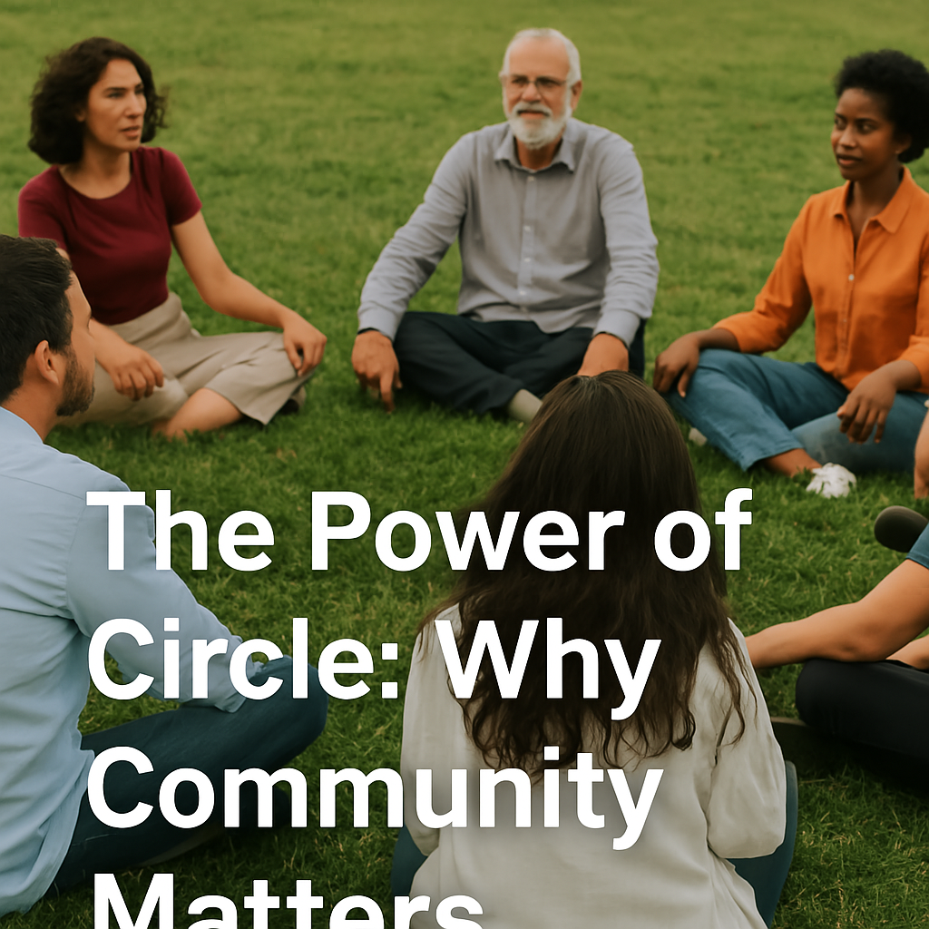 People sitting in a healing circle outdoors, symbolizing connection, therapy, and community support.