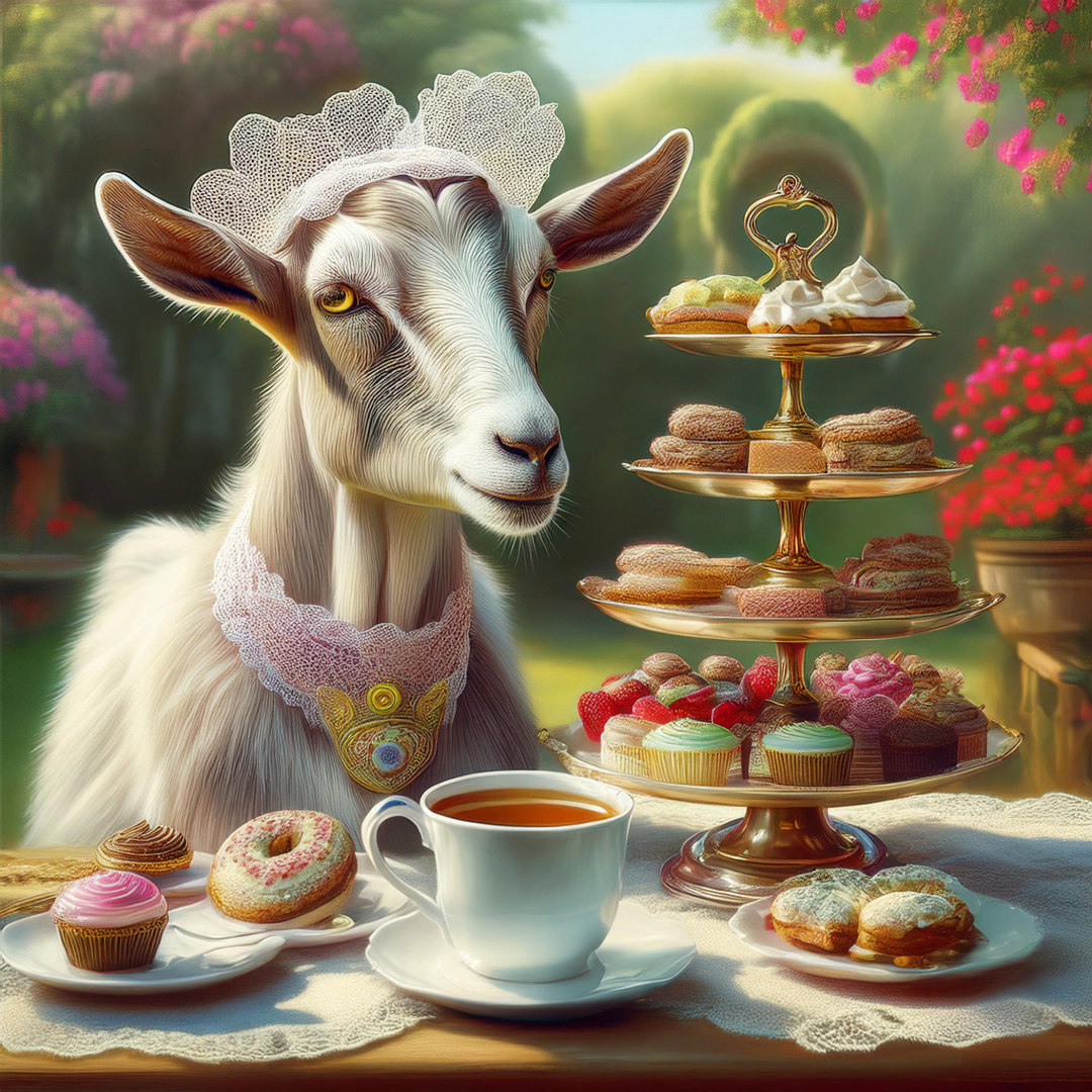 Nanny goat enjoying delicious food on a tiered tray.
