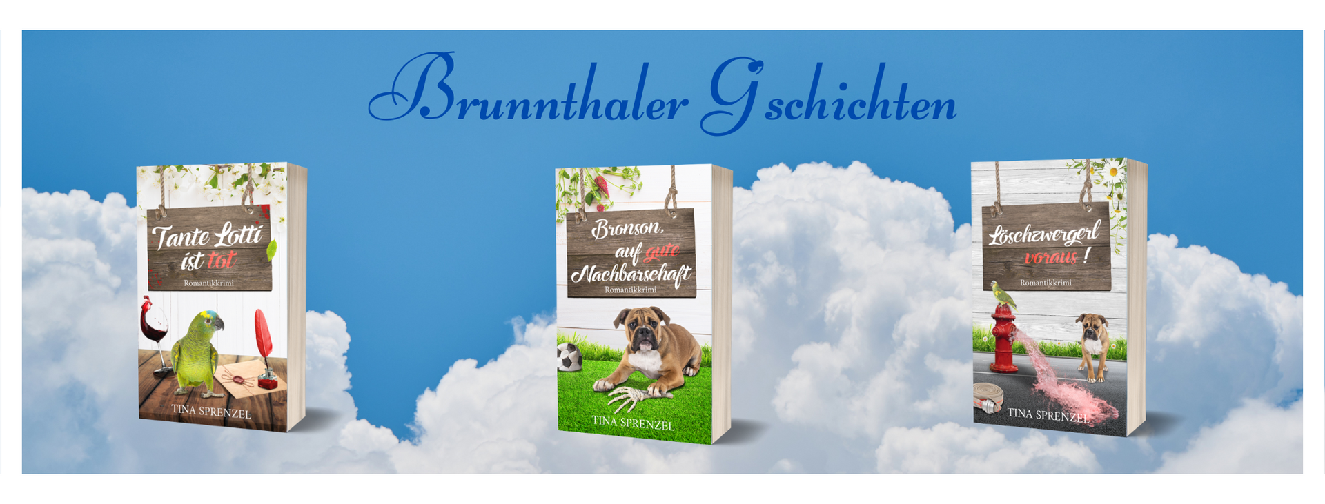 Bild, auf dem die Cover der Brunnthaler G'schichten abgebildet sind.