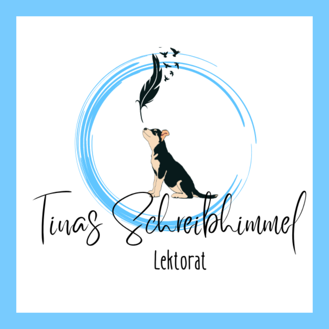 Logo von Tinas Schreibhimmel Lektorat mit einem Hund und einer Schreibfeder.