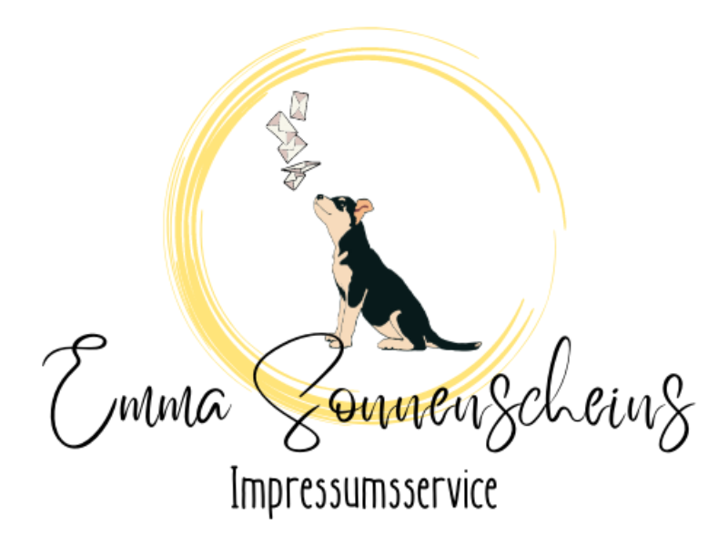 Logo von Emma Sonnenscheins-Impressumsservice mit einem Hund und Briefen.