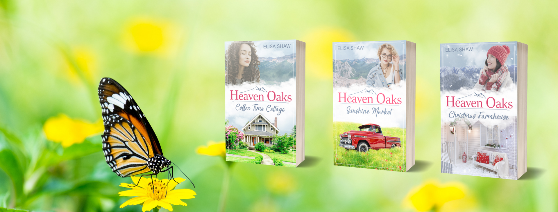 Bild mit den Covern der Heaven Oaks-Reihe und Schmetterling.