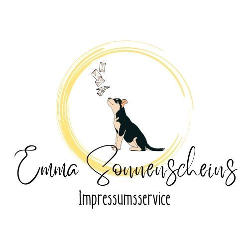 Logo von Emma Sonnenscheins-Impressumsservice mit Hund und Briefen.