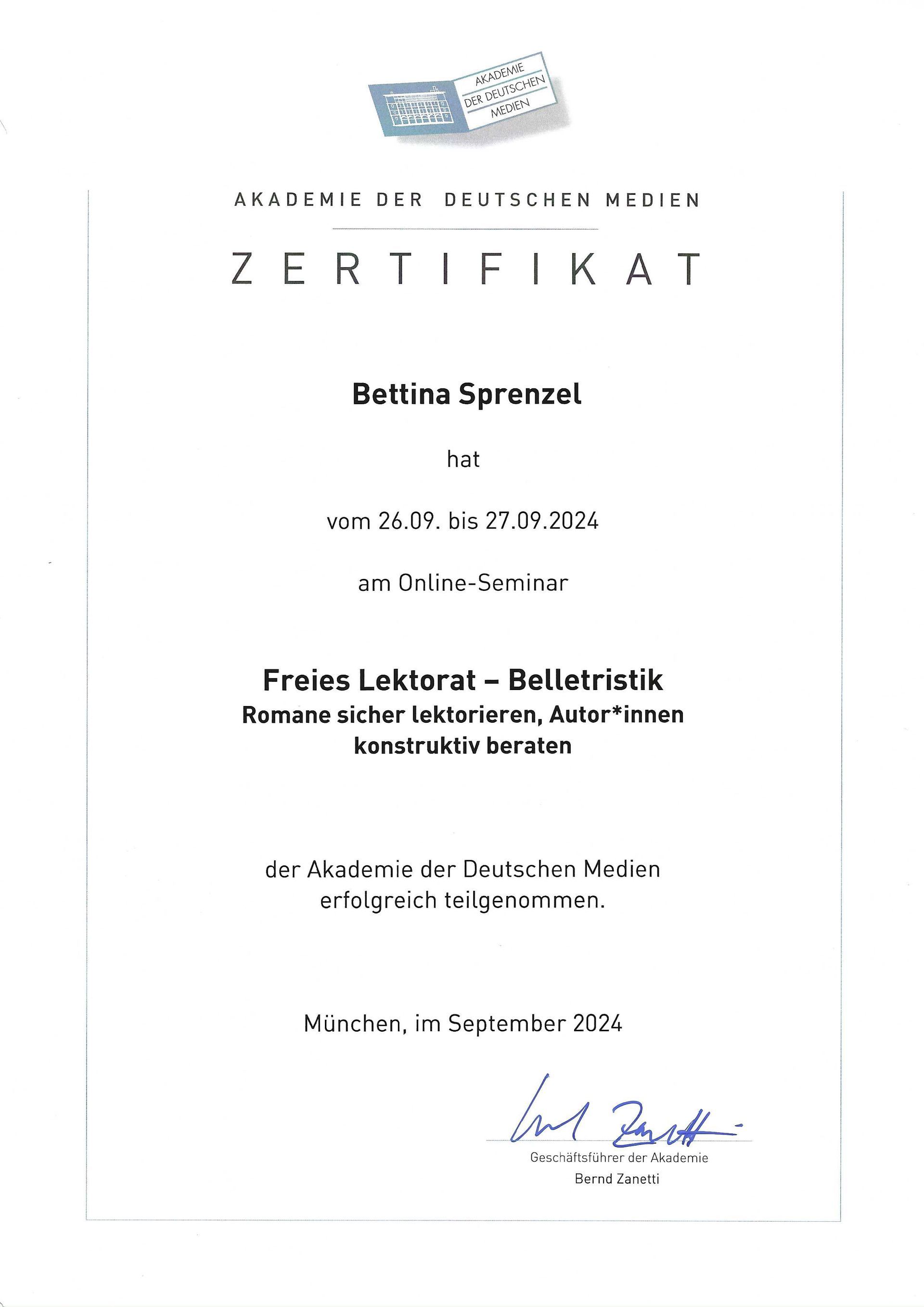 Zertifikat der Akademie der Deutschen Medien für die Teilnahme am Seminar