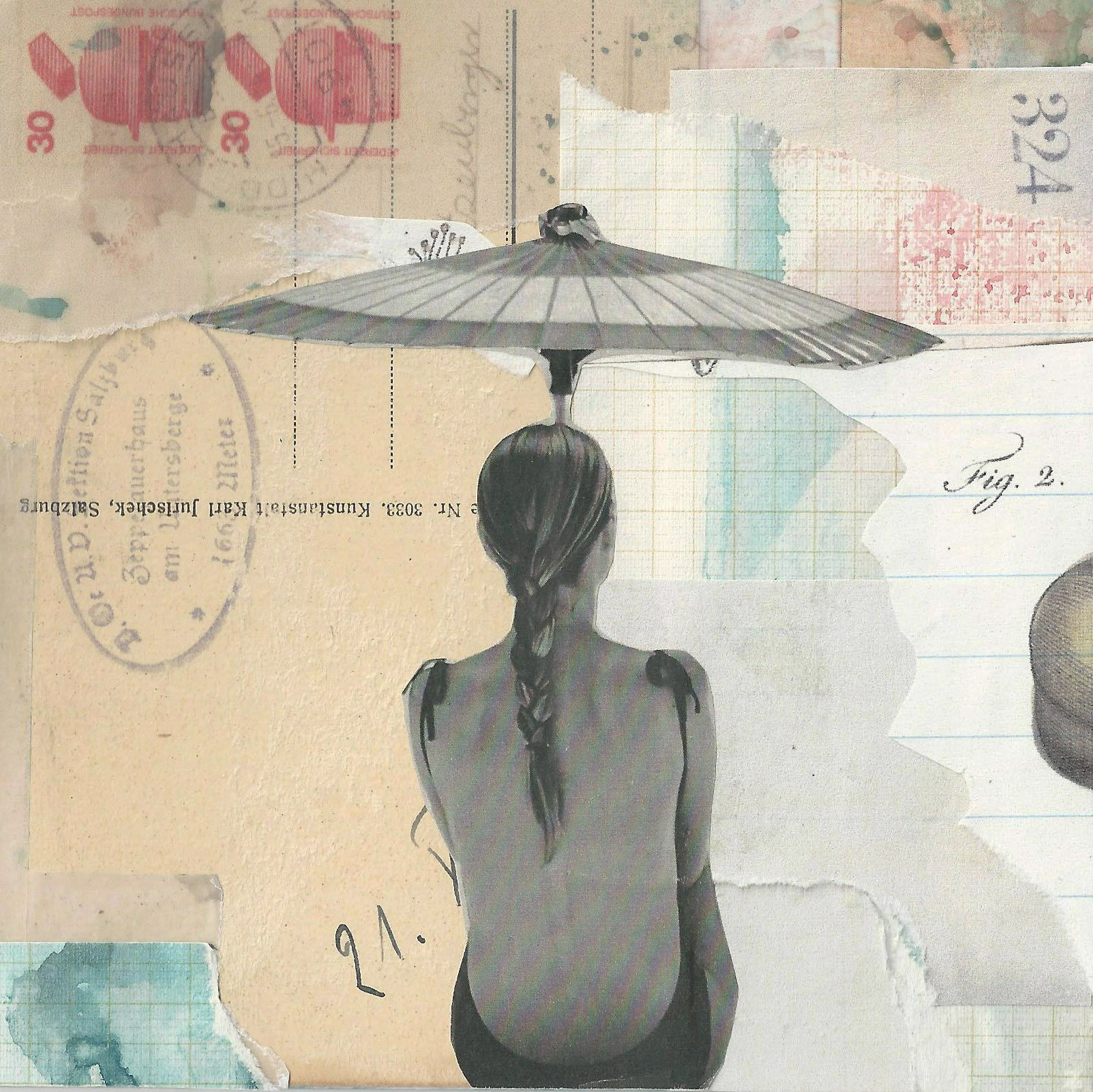 Papier-Upcycling Collage, Vintage Papier, Vintage Collage, Frau am Strand