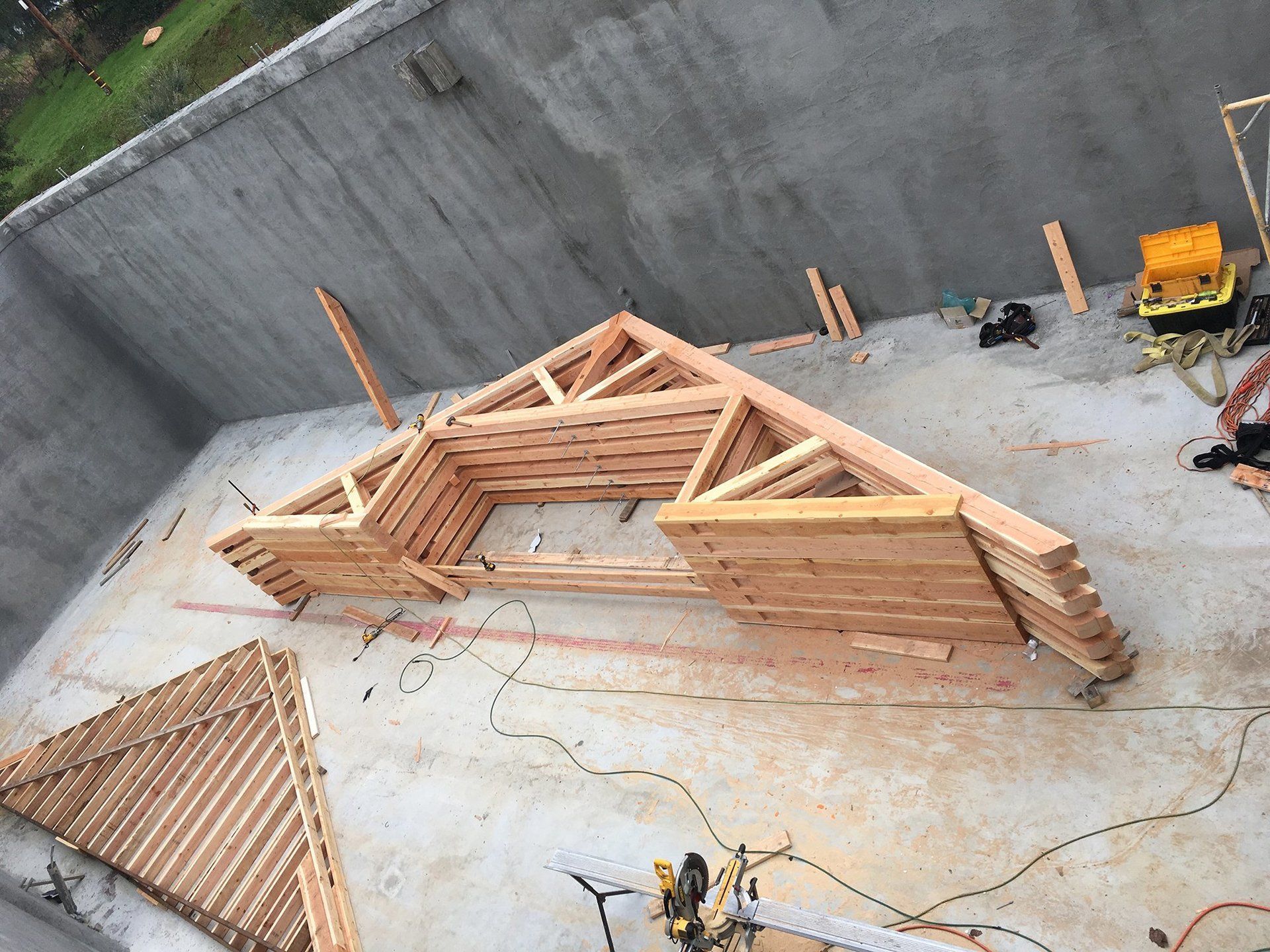 timber trusses stacked and ready for new construction