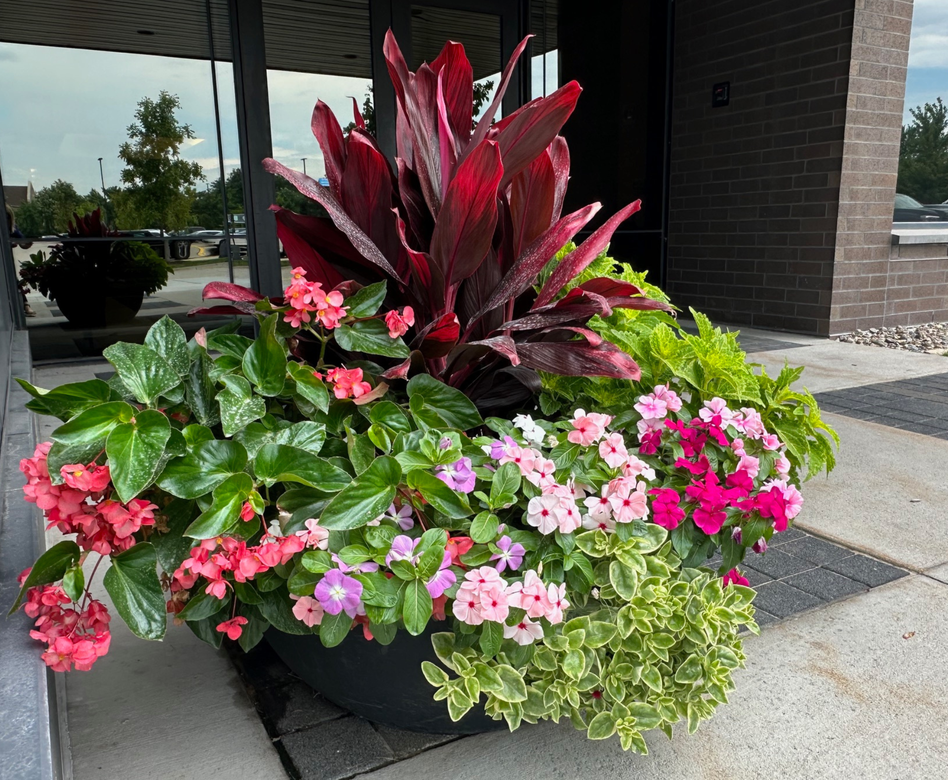 Entry pots with colorful blooming summer plants.