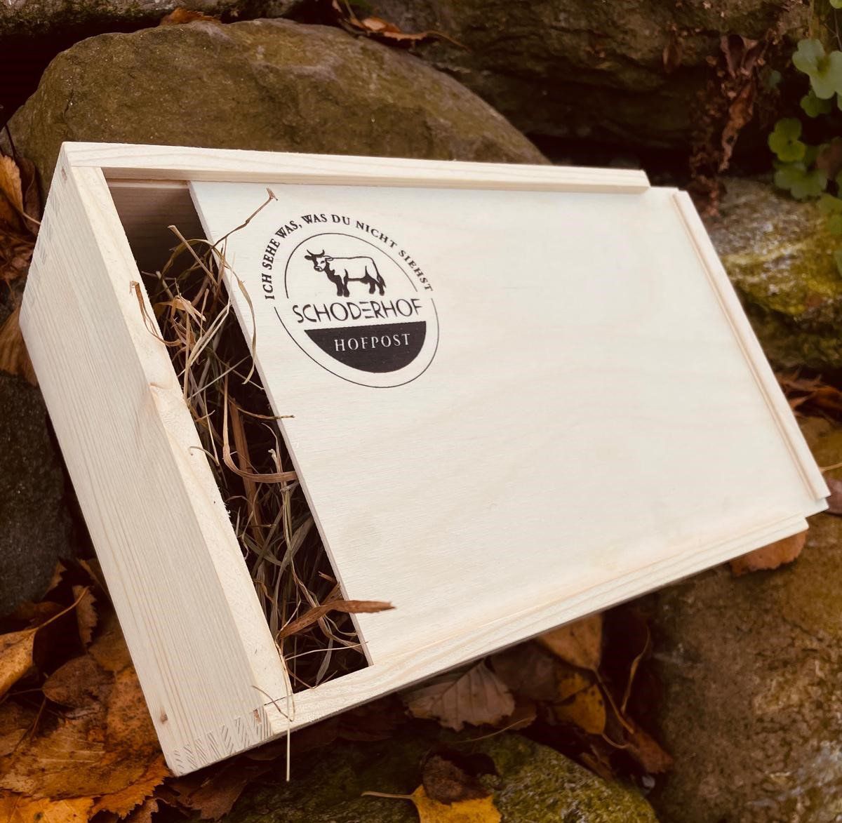 Schiebedeckelkiste mit Bedruckung. Sonderfertigung für Schoderhof, Waldburg, www.schoderhof.de