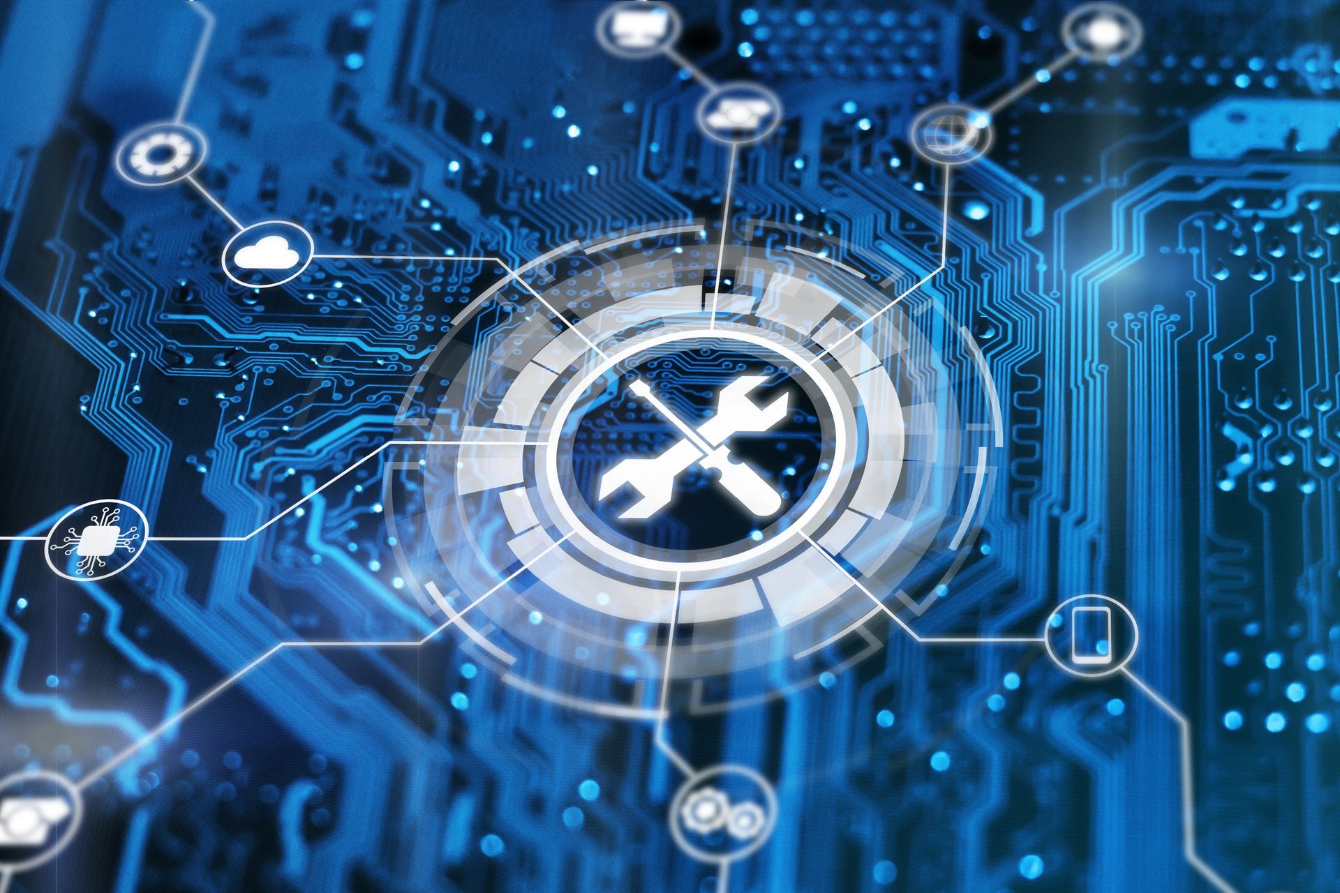 Ein blau getöntes Bild mit einem zentralen Werkzeugsymbol, umgeben von vielen kleinen IT-Icons, welche verschiedene IT-Themenbereiche darstellen sollen. Dies repräsentiert unseren IT-Support Service.