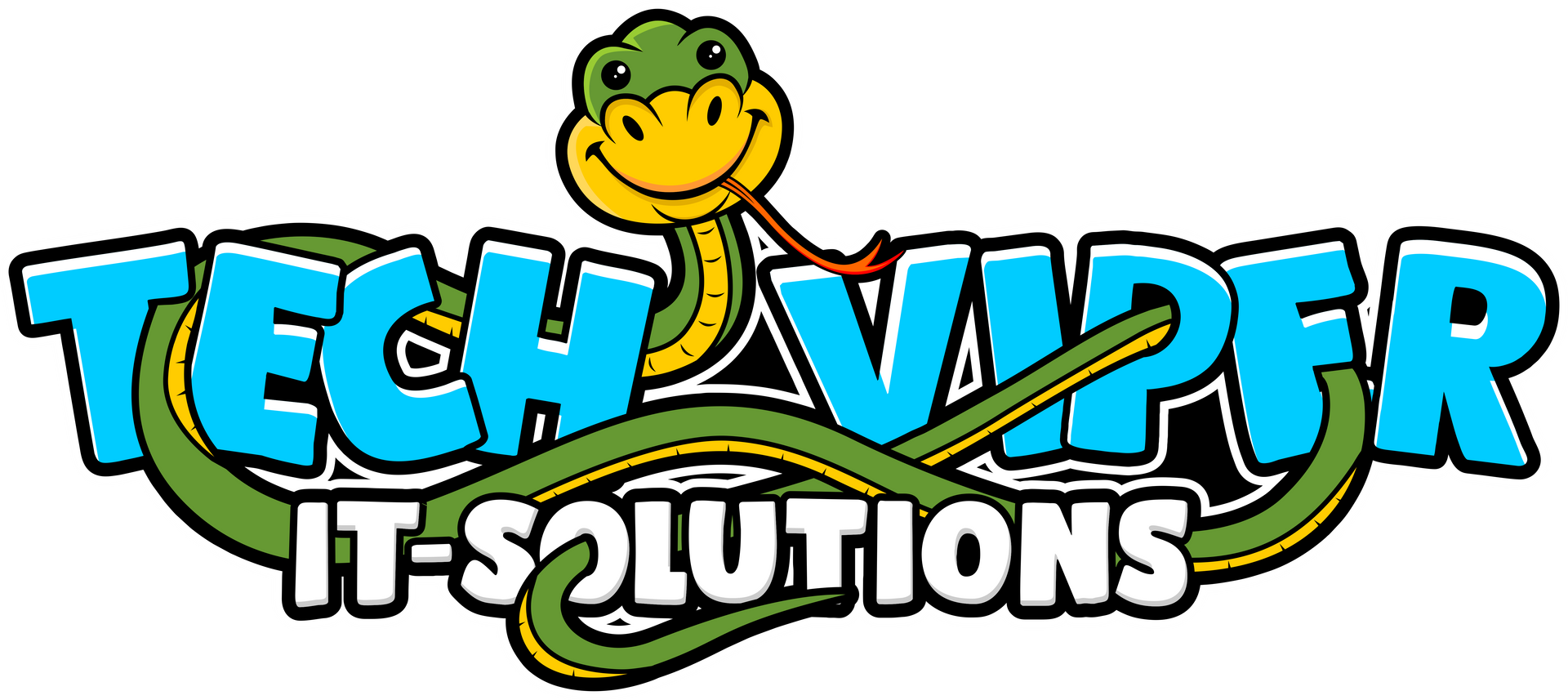 Das Logo von TechViper IT-Solutions zeigt eine grüne Schlange, die sowohl den blauen Schriftzug 'TechViper' als auch den weißen Schriftzug 'IT-Solutions' umklammert.