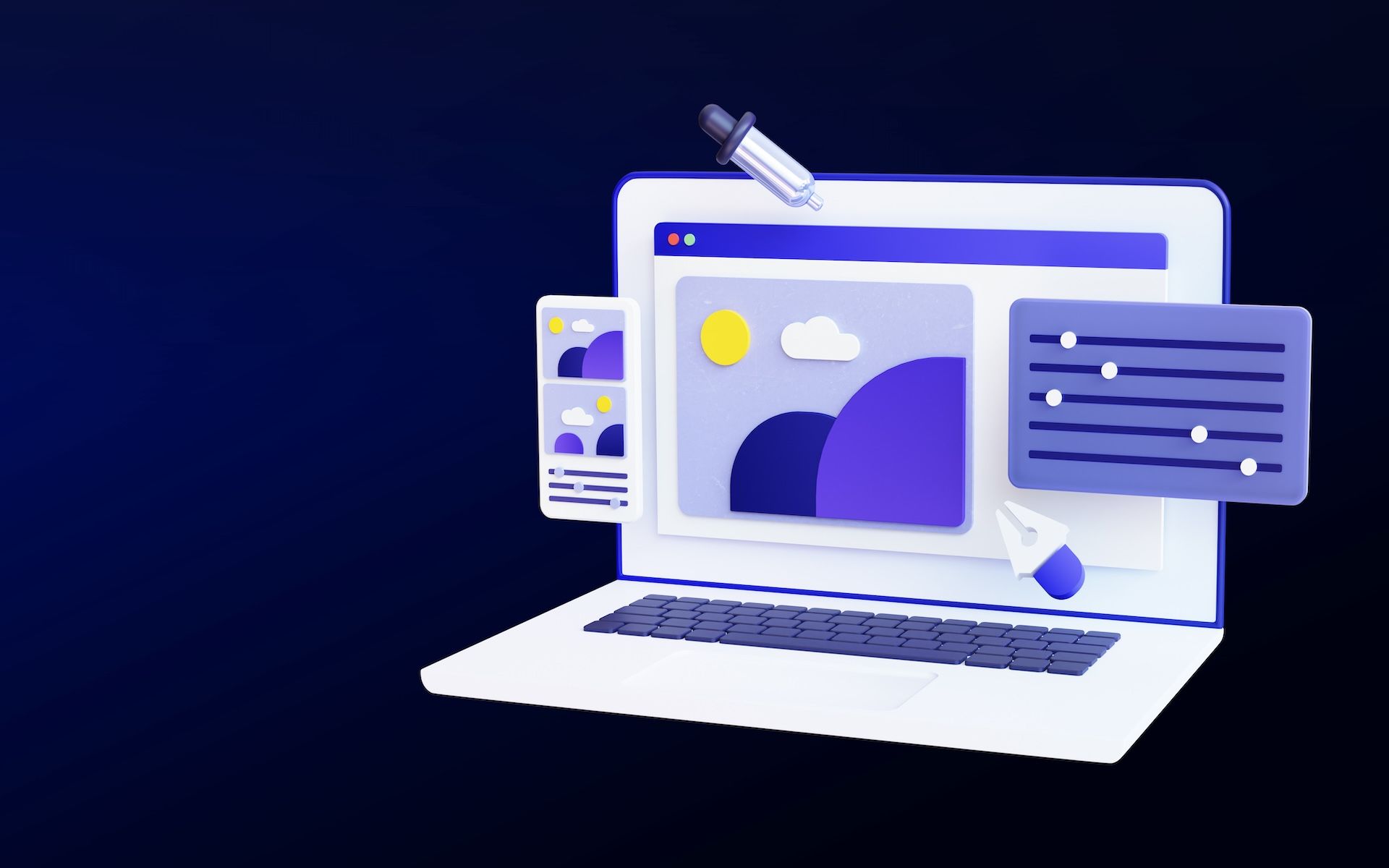 Ein Bild mit einem blauen Hintergrund zeigt einen Laptop im Vordergrund, auf dem verschiedene Einstellungsmöglichkeiten für Webseiten zu sehen sind. Dies veranschaulicht unseren Webauftrittsservice.