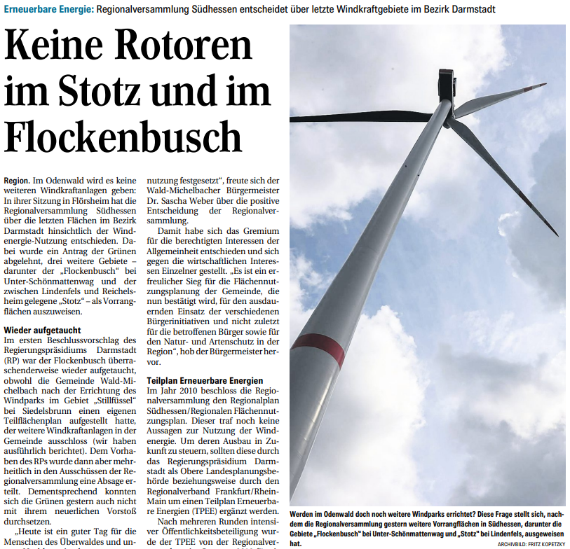 Zum vollständigen Artikel hier klicken. Keine Windräder im Flockenbusch bei Wald-Michelbach
