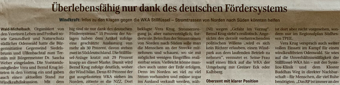 Zum vollständigen Artikel hier klicken. Klagen gegen WEA Stillfüssel bei Wald-Michelbach