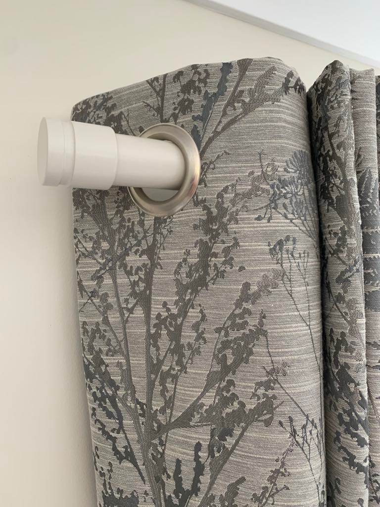 Prestigious Textiles fabric on eyelet headings with Cameron Fuller metal curtain pole