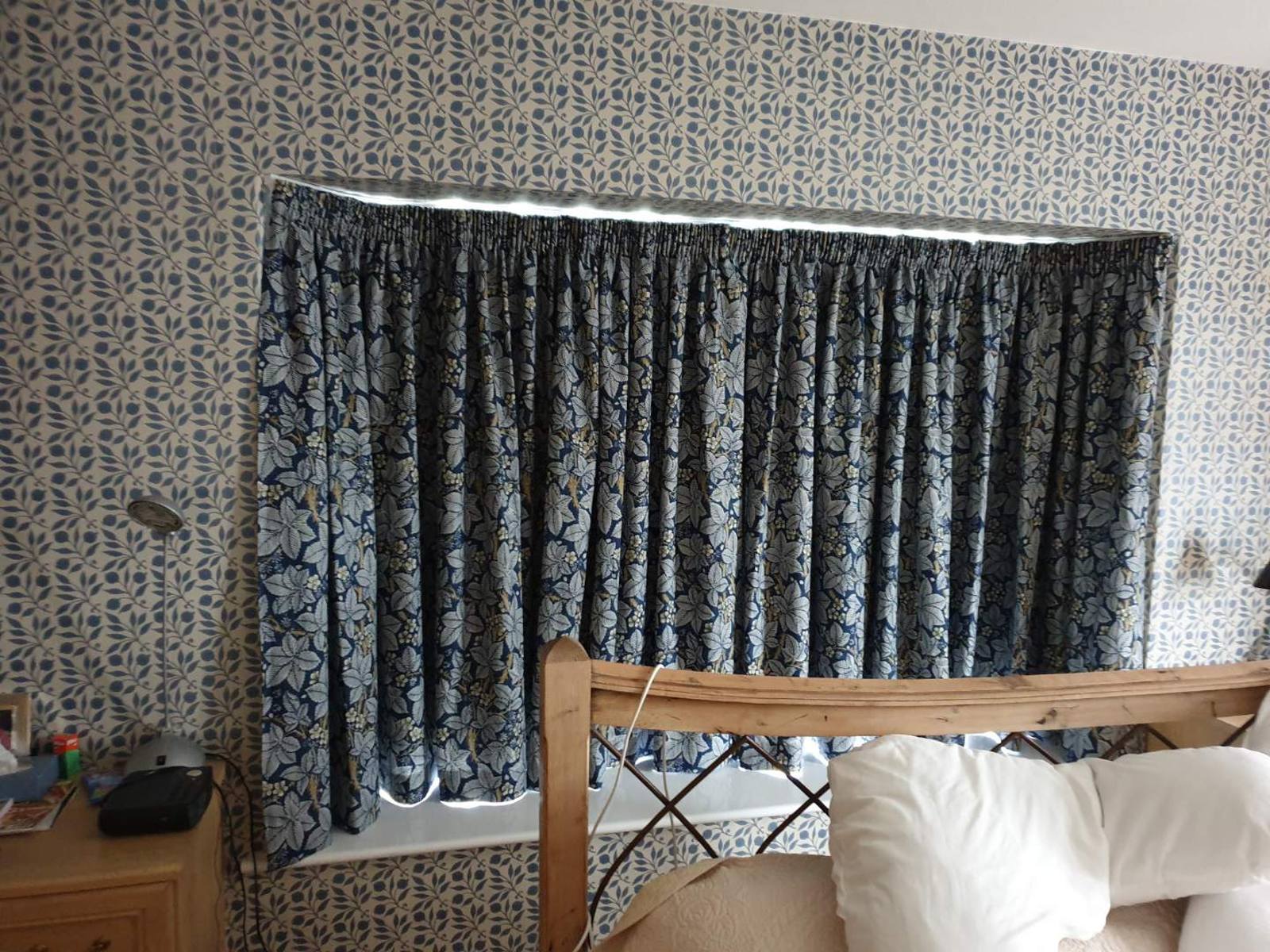 Morris & Co Rosehip wallpaper and fabric hand made curtains