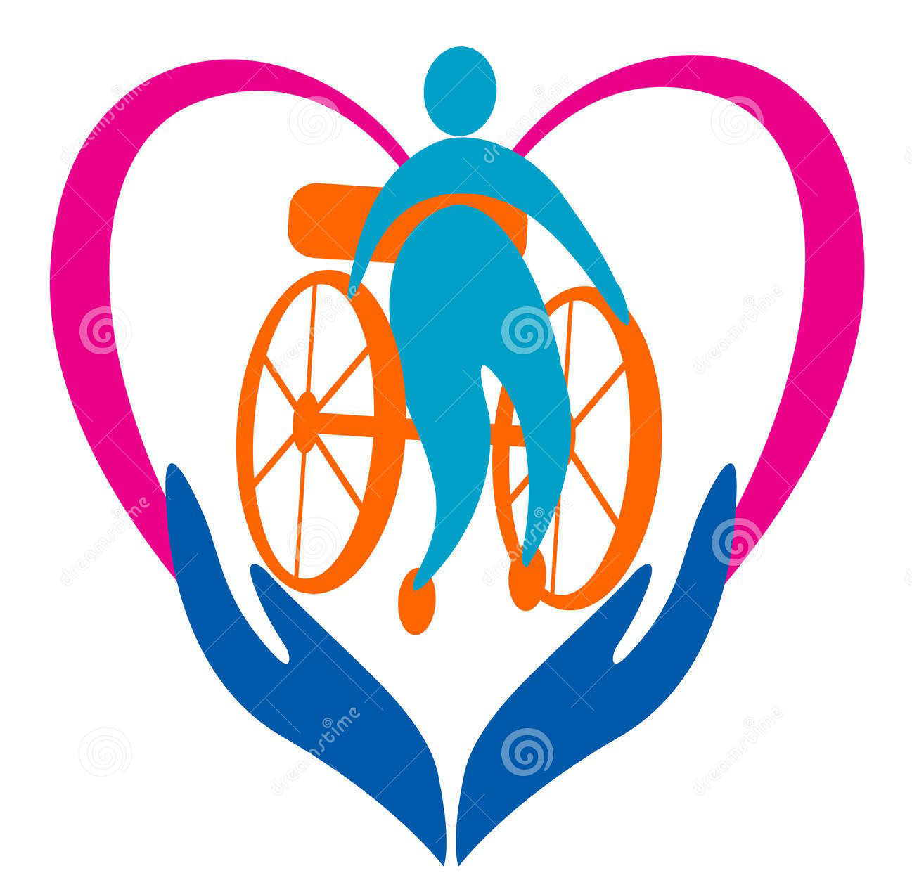 Modern graphic of person in wheelchair held with hands clasping graphic of a heart