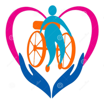 Modern graphic of person in wheelchair held with hands clasping  graphic of a heart