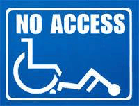 Logo of international wheelchair disability sign with occupant lying face down on ground with welding no access above. This demonstrates what can happen when a wheelchair hits a barrier.