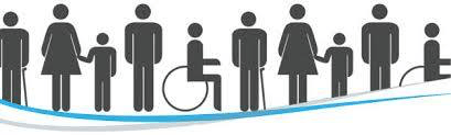 Graphic across page of black silhouettes of people with different and varying disabilities
