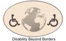 Charity Logo of oval map of world with wheelchair at each side facing inwards in Sepia colour