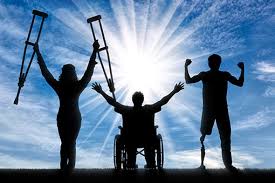 black outline of persons with crutches on left, persons in wheelchair in middle and person who is amputee on right with bright shining sun in background but rest of picture quite dull and black